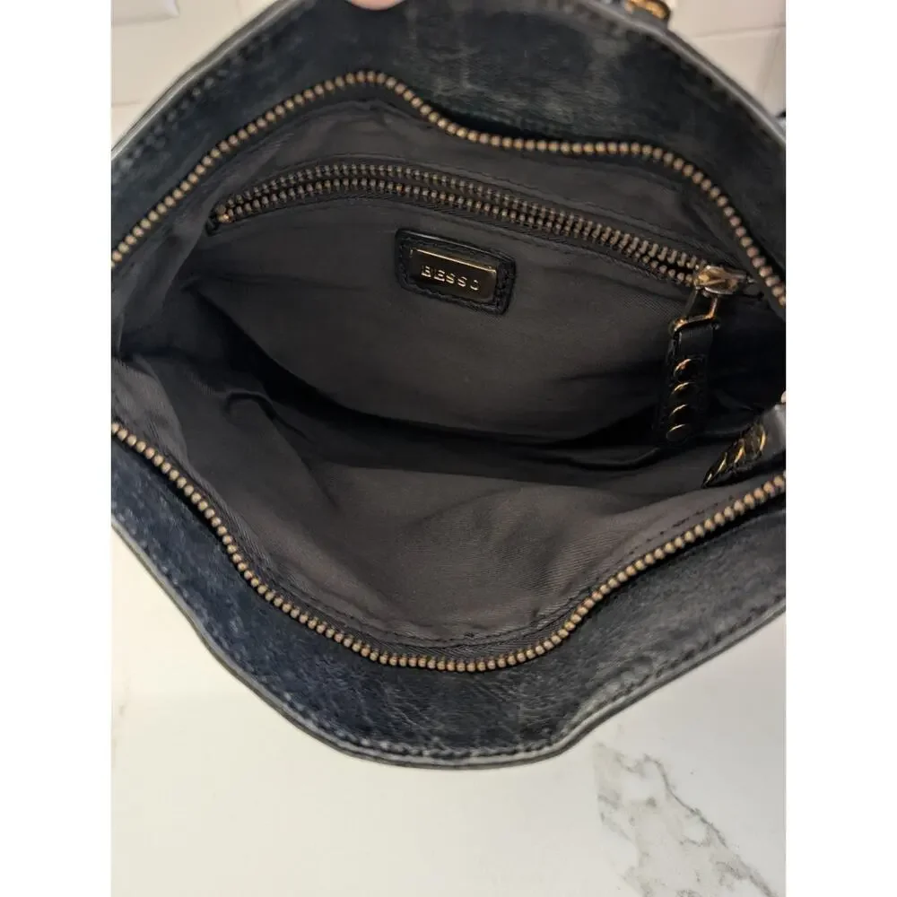 Besso Black Leather Clutch Gold Studded Buckle Fold Over Bag 10.5x6 Grunge...